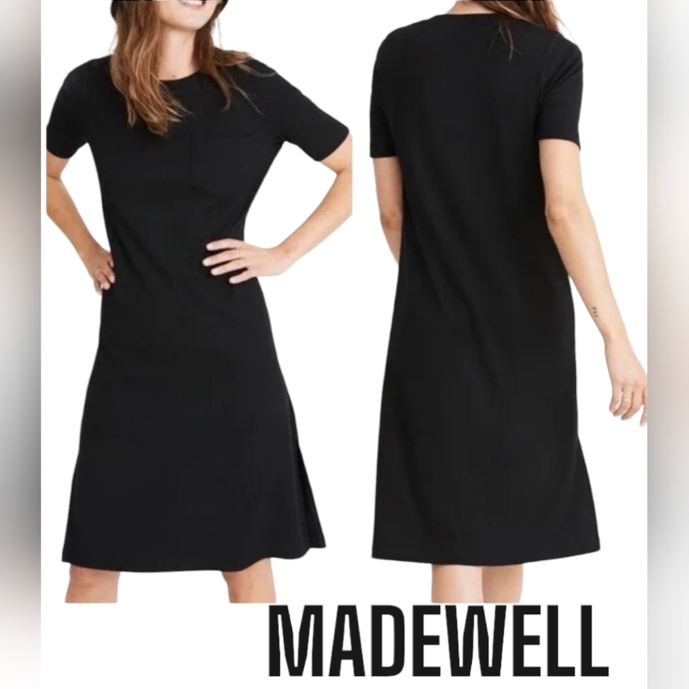 MADEWELL Black Ribbed Pocket T Short Sleeve Casual Midi Shift Dress S